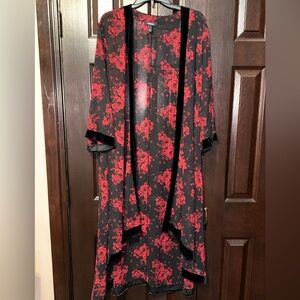 torrid Black duster cardigan with Red Floral Print and Velvet Trim